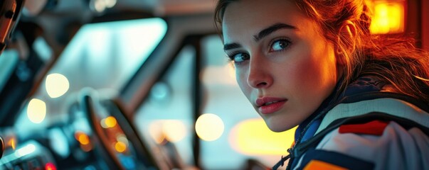 European paramedic in uniform works in ambulance during a night shift, panorama banner. Generative AI.