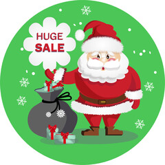 happy new year , winter round sticker, huge sale ,santa gift, merry christmas present traditional, snowflakes, poster, banner