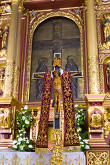 Cross and altar in a Christian church.