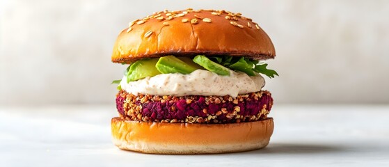 Upscale vegan burger with beetquinoa patty avocado cashew cream on multigrain bun. Concept Gourmet Vegan Burger, Beetquinoa Patty, Cashew Cream Sauce, Avocado Topping, Multigrain Bun