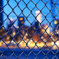 Fototapeta premium Steel mesh fencing in an urban setting, blurred cityscape in the background, close-up details, security concept, tension, industrial infrastructure