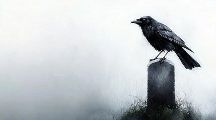 Fototapeta premium Crow in witch costume, standing on a gravestone, foggy night, Watercolor style