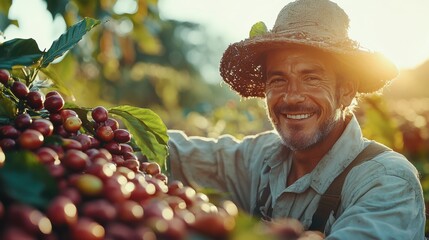 Happy Coffee Farmer Holding Coffee Beans In Plantation