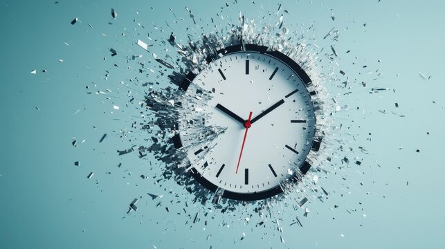 A digital clock face breaking apart, with each fragment representing a key moment or milestone, signifying the passage of time and personal development
