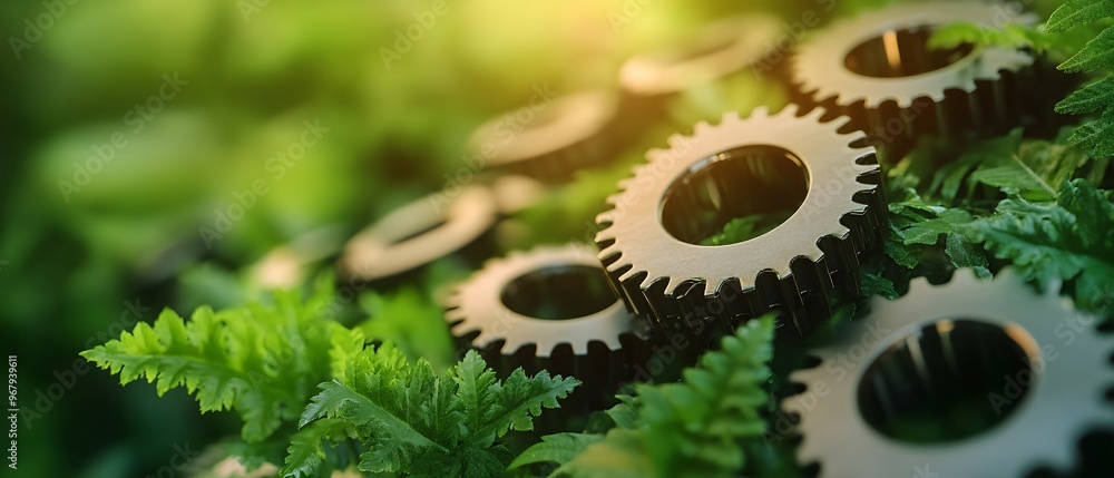 Poster gears and cogs in a green natural background representing the concept of continuous improvement in r