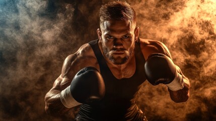 Powerful Boxer in Smoke and Light
