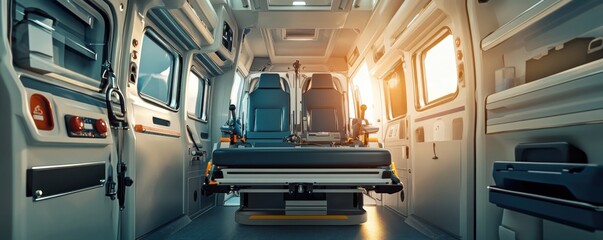 Modern ambulance inside vehicle safety interior, ambulance panorama banner. Generative AI