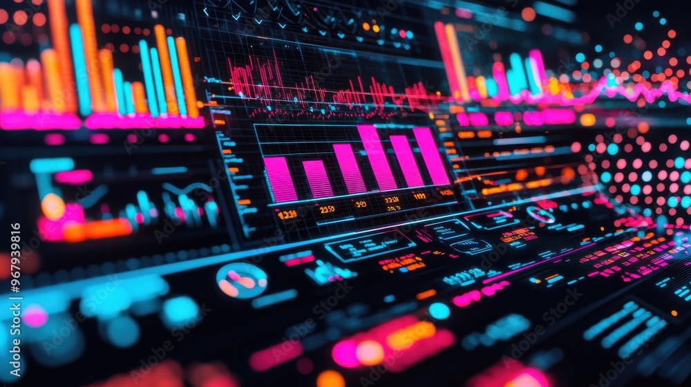 Poster a digital dashboard with floating holographic charts and graphs, displaying various performance indi