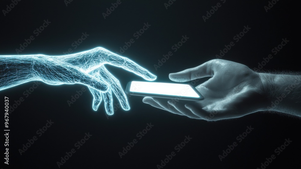 Poster a digital hand passing a glowing document across a virtual workspace to another hand from a differen