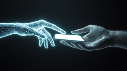 Fototapeta premium A digital hand passing a glowing document across a virtual workspace to another hand from a different location, showing the concept of task delegation and outsourcing