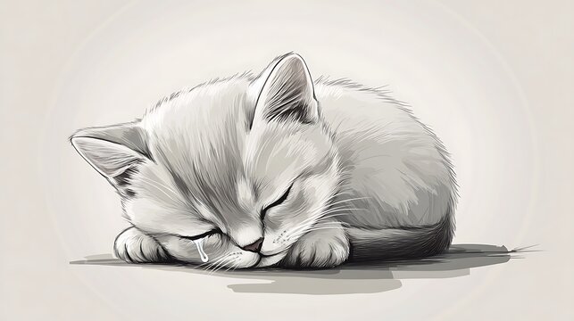 Feline Melancholy - Illustration of a Tearful Kitten in Simple Gray Tones