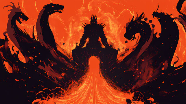 Hades in his underworld throne, with cerberus at his feet and souls swirling around. minimalist. Cerberus. Illustration