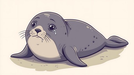 Melancholic Cartoon Seal with Tearful Eyes - Illustration of a Sad Seal in Monochrome Hues