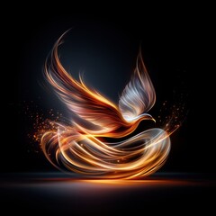 Fototapeta premium A stunning phoenix rising from flames with vibrant gold and silver wing feathers.