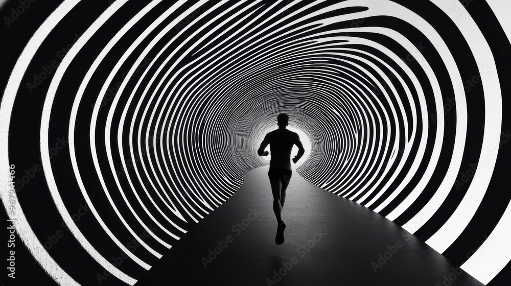 Poster a figure running on a never-ending treadmill with no finish line in sight, representing constant wor
