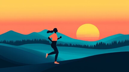 A silhouette of a woman jogging against a vibrant sunset backdrop, surrounded by mountains and tranquil nature.