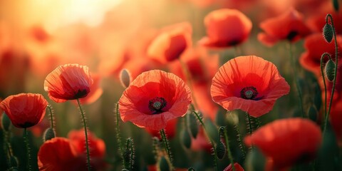 Fototapeta premium Vibrant Field of Red Poppies in Full Bloom