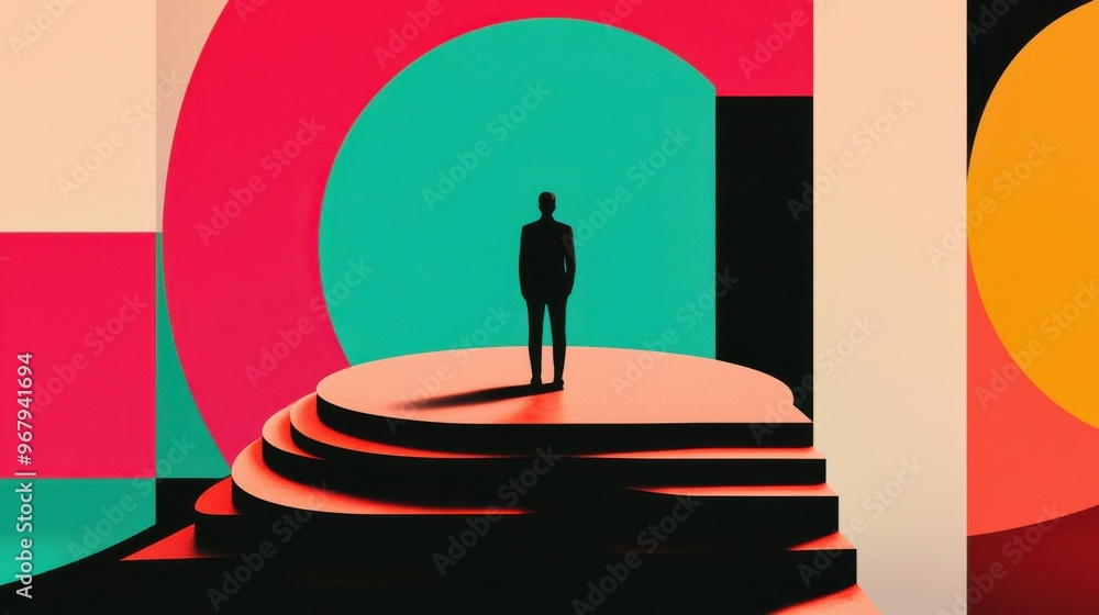 Aufkleber a figure standing on a circular platform, surrounded by abstract geometric shapes representing diver