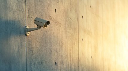 A side view of a CCTV camera mounted on an exterior wall of a contemporary building. The camera, enclosed in a weatherproof casing, faces outward, scanning the area for any movement. The concrete