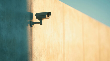A sleek outdoor security camera mounted high on a concrete wall, casting a long shadow in the late afternoon sun. The cameraâ€™s futuristic design and robust construction emphasize its capability to