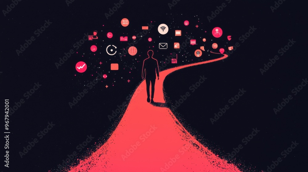 Poster a figure walking along a digital pathway, with icons of different tools and resources lighting up al