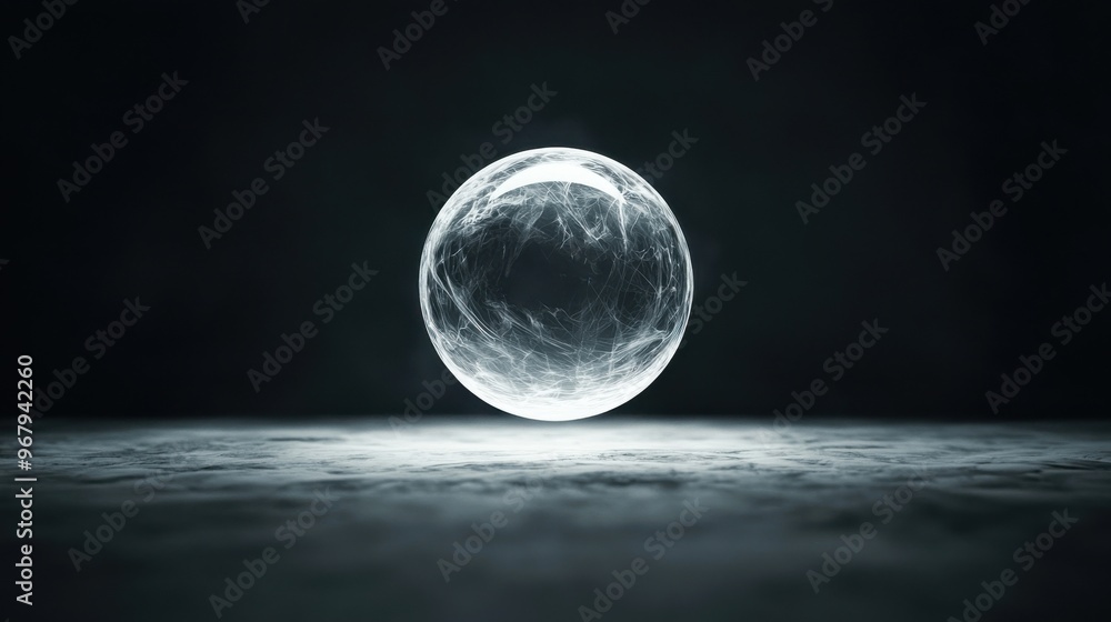 Poster a floating transparent sphere in the middle of a dark void, with light beams shining through it, rep