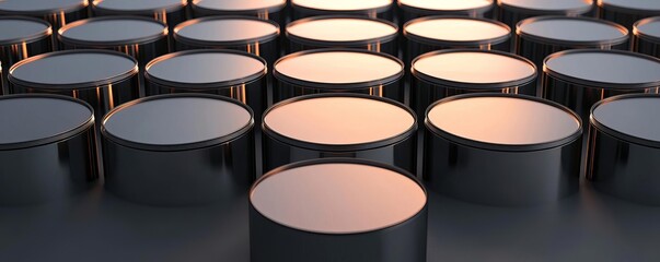 Perspective shot of large quantities of oil drum storage, organized in metallic tones, shadows and highlights creating reflections, industry needs