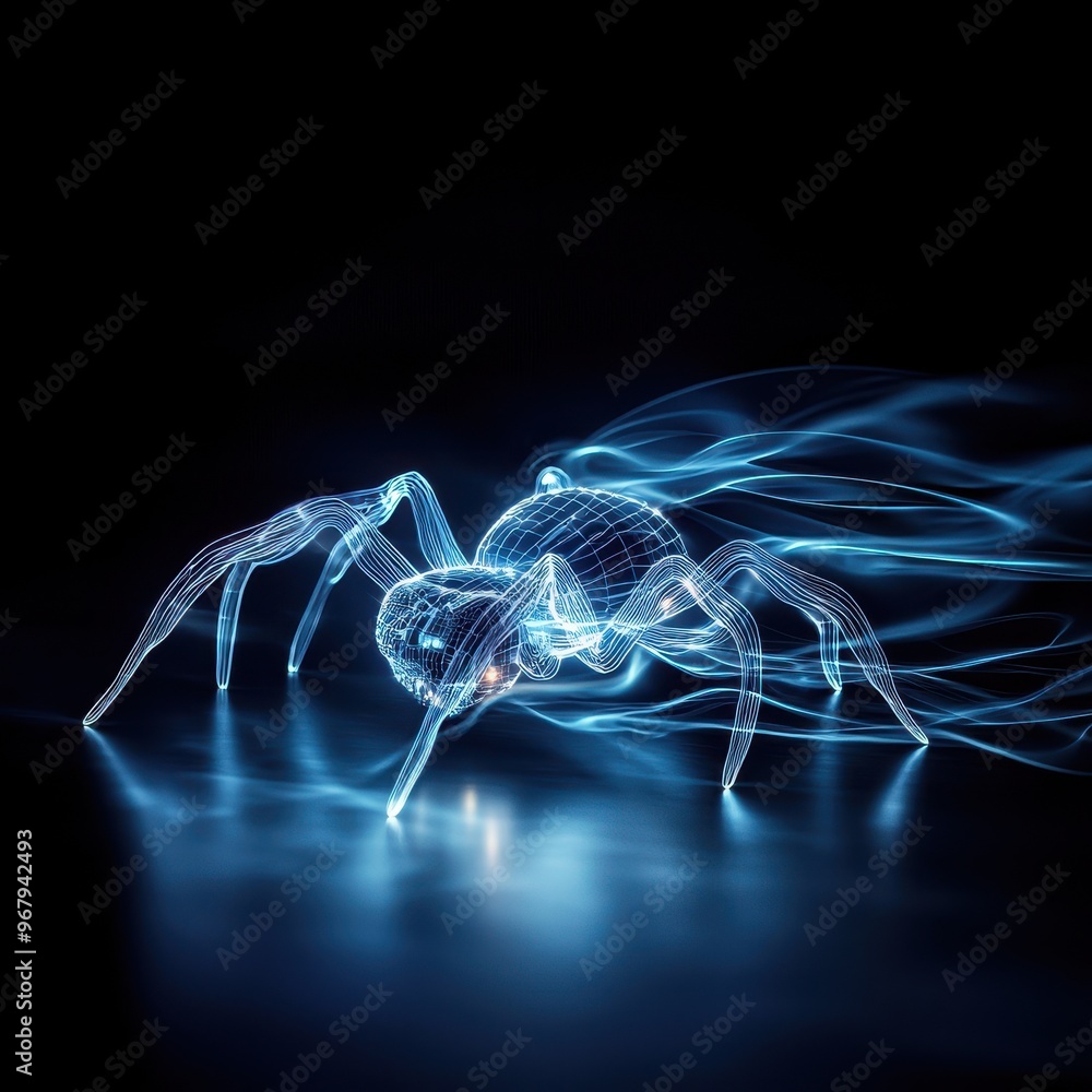 Aufkleber a futuristic blue translucent spider appears to move swiftly in a dark setting.