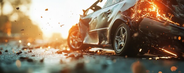 Car accident crash, collision with injury and damage, panorama banner. Generative AI.