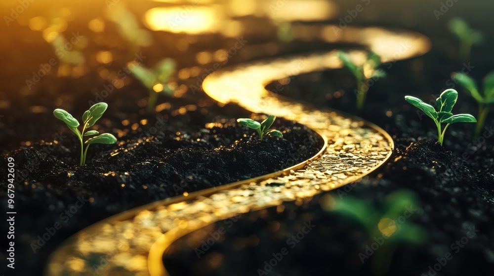 Poster a flowing river of gold or currency symbols splitting into smaller streams, each stream feeding diff