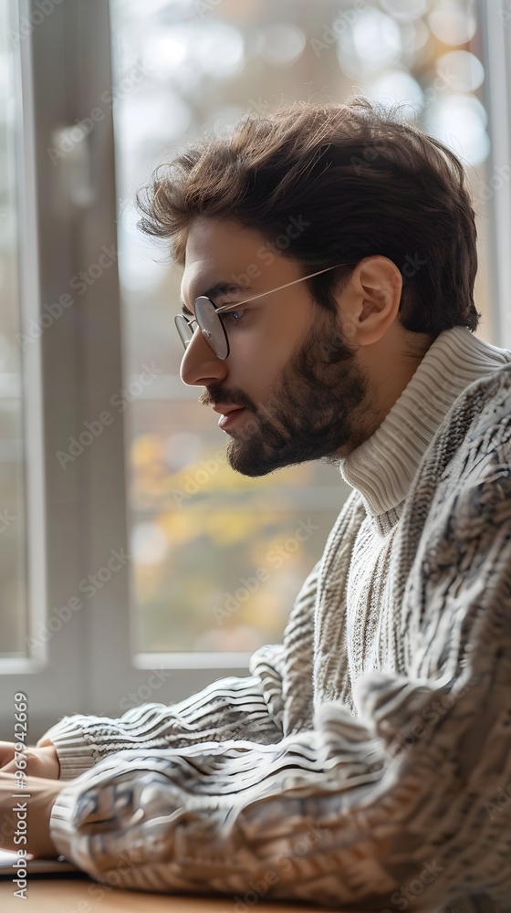 Poster focused male student remotely developing digital skills for online class project
