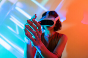 Futuristic woman engaging with metaverse technologies