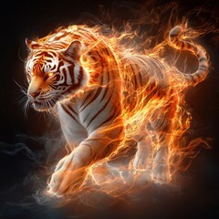 A fierce orange tiger surrounded by swirling flames and smoke.