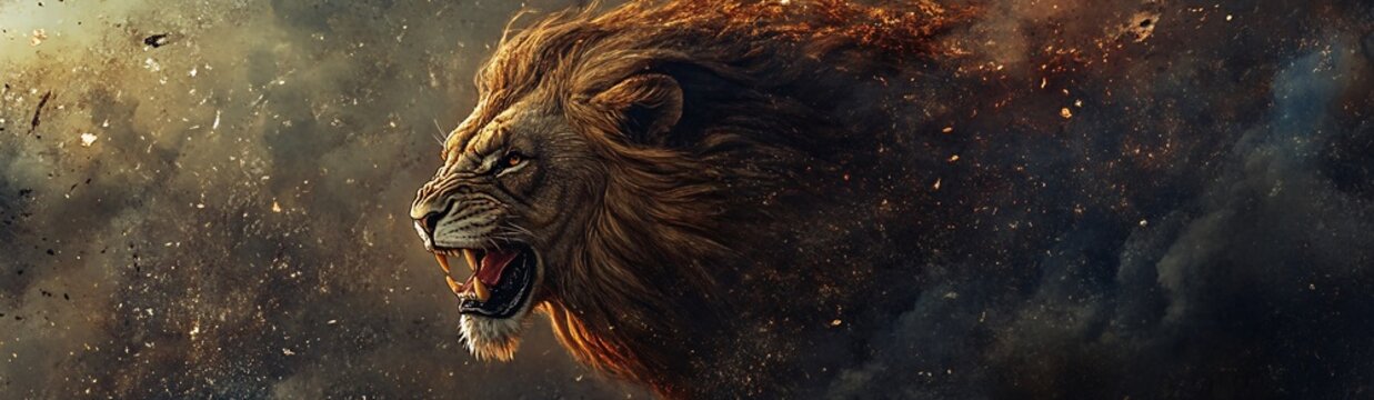 a banner size painting of  a lion