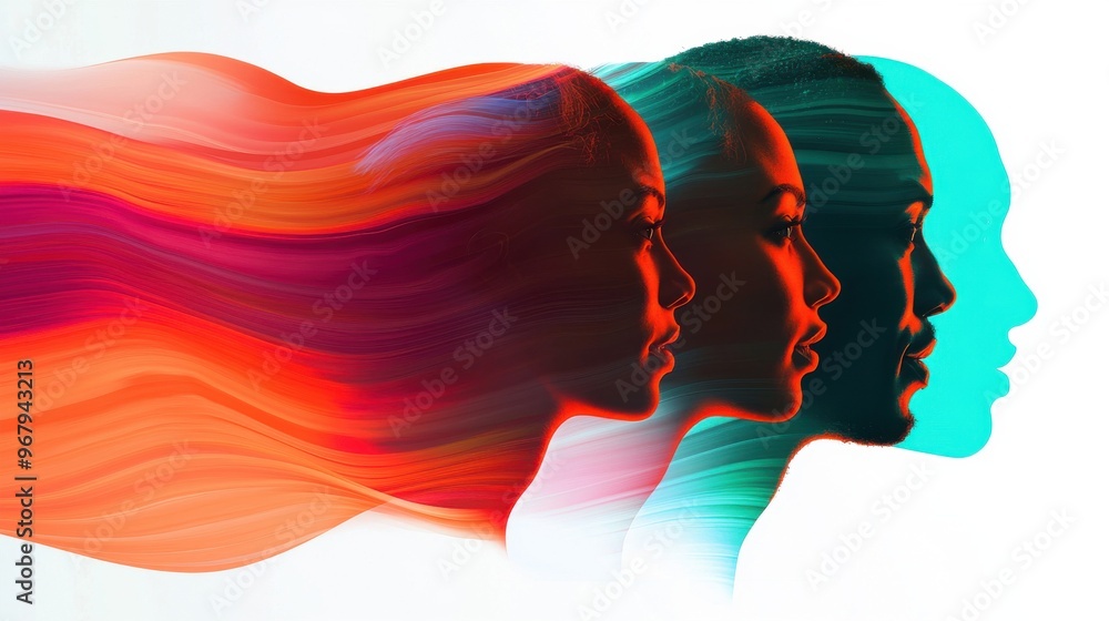 Aufkleber a flowing wave of colors made up of different human profiles, blending into each other, showing how 