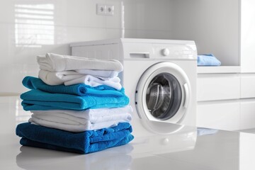 Stack of neatly folded blue and white towels placed on a shiny surface in a bright, modern laundry room with a washing machine in the background