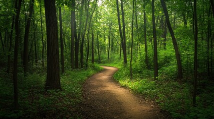 Obraz premium A winding path through a lush green forest, inviting exploration and tranquility.
