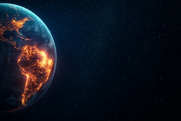 Fototapeta premium An abstract representation of global digital networks, featuring Earth illuminated by streams of data in neon blue and orange hues, set against a deep space backdrop