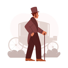 Male person with vintage clothing, cane and hat, vector 19th century Victorian aristocrat, horse carriage silhouette