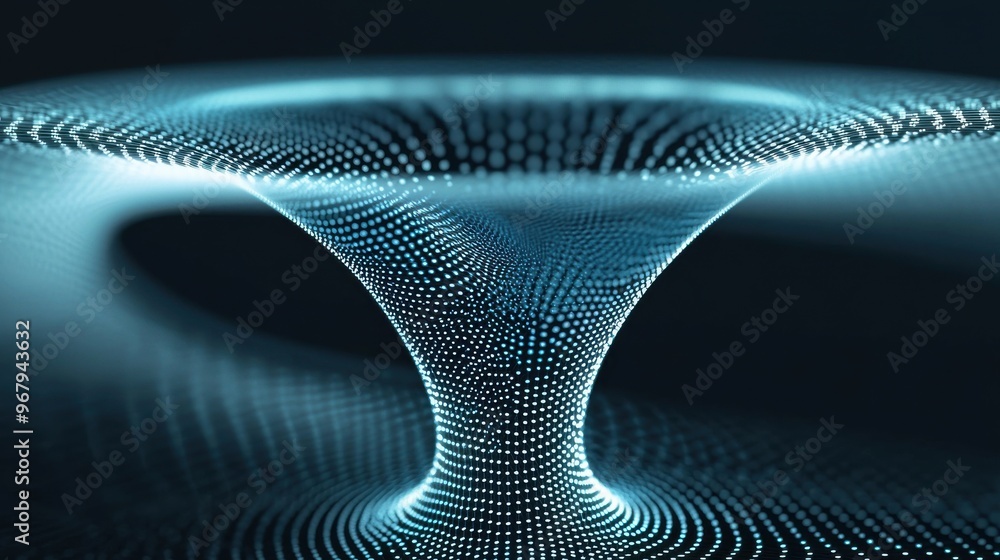 Poster a funnel-like structure, with abstract data or particles being compressed into a tight bottleneck be