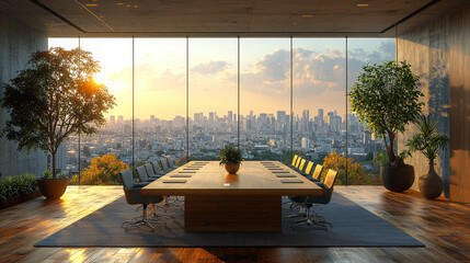 Fototapeta premium Modern conference room with city skyline view.