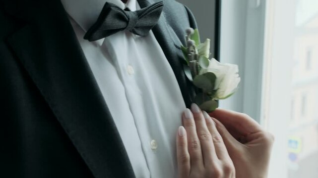 female hands attaching a boutanniere to a man's tailcoat