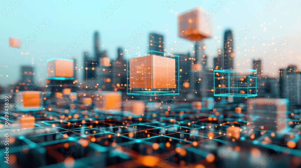 Aufkleber a futuristic city skyline with transparent cubes floating above it, each representing different aspe