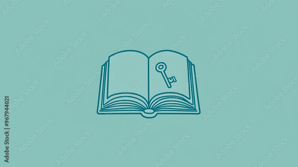 Poster Minimalist Vector Graphic of Key Inside Open Book Outline on Teal Background