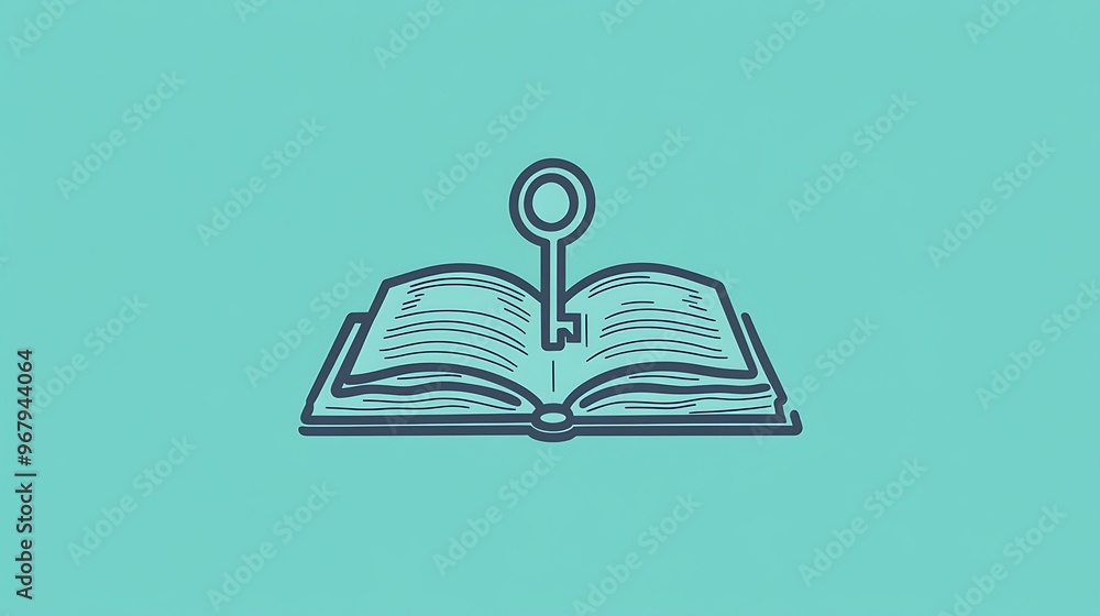Aufkleber minimalist vector graphic of open book with key of knowledge on light teal background