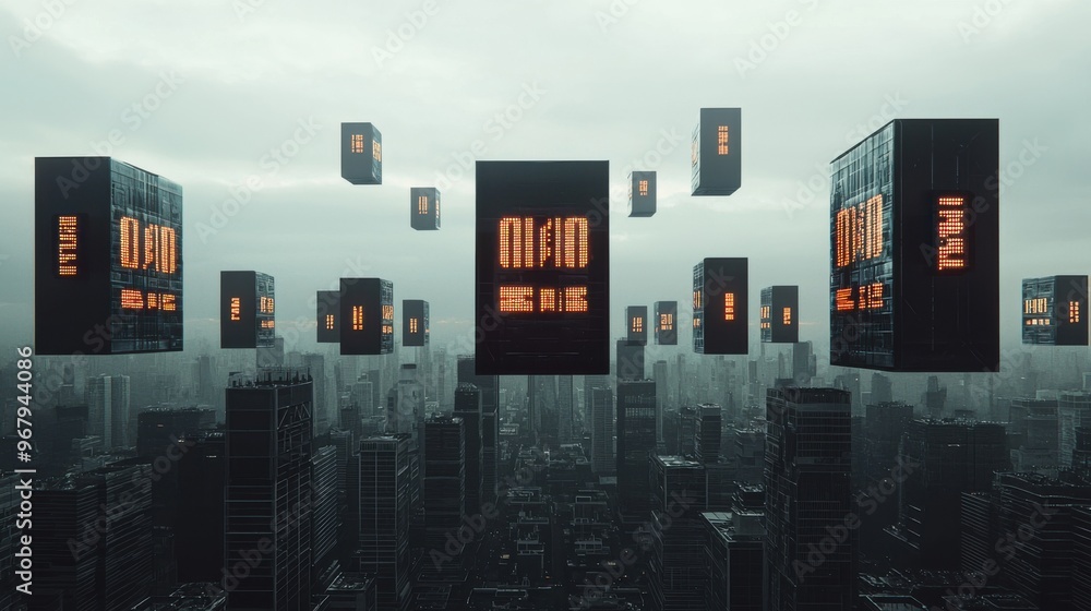 Poster a futuristic cityscape with large, digital countdown timers hovering over skyscrapers, signaling app