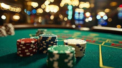 Close-up of colorful poker chips stacked on a green felt table, creating an inviting atmosphere for a casino game.