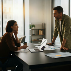 Man and Woman at Office Desk Discussing and Presenting a Project