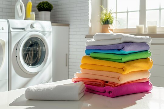 Vibrant and clean laundry room with a stack of colorful folded towels, modern washing machine, and natural light creating a bright and organized space