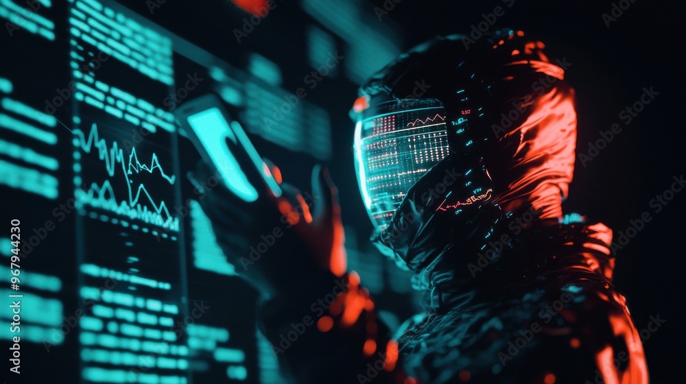 Poster a futuristic hologram of a person holding a tablet with digital graphs and performance charts projec